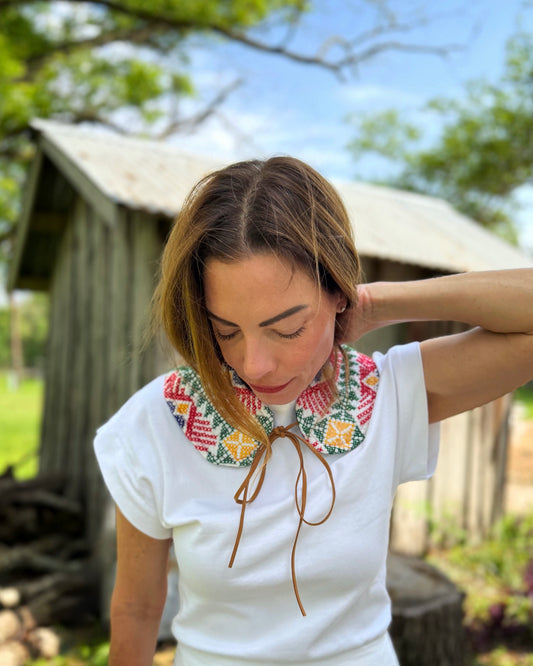THE MAGGIE | Reversible Antique Quilt Collar - Cross Stitch & Denim