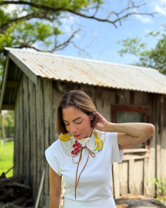 THE MAGGIE | Reversible Vintage Fruit Print Collar - Table Linen & Denim