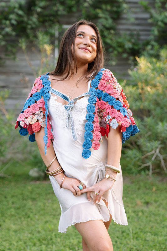 THE ROSA MARIA | Yo-Yo Rosette Cape | Cobalt & Rose