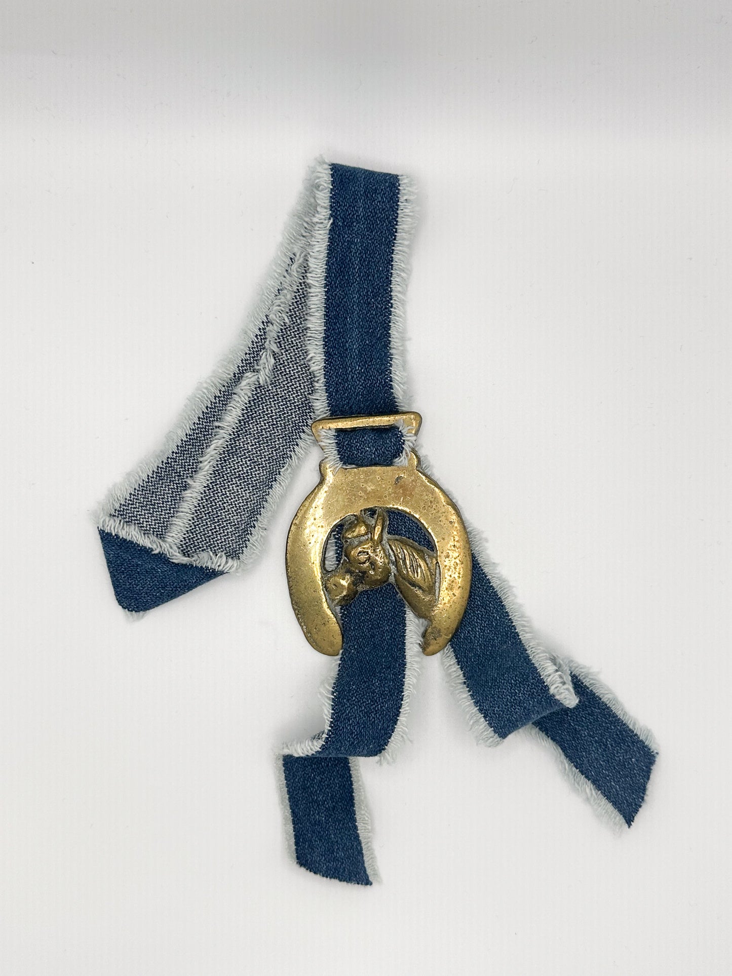 Horseshoe // Horse Head Profile (1) Vintage Horse Brass Medallion + Denim Twilly