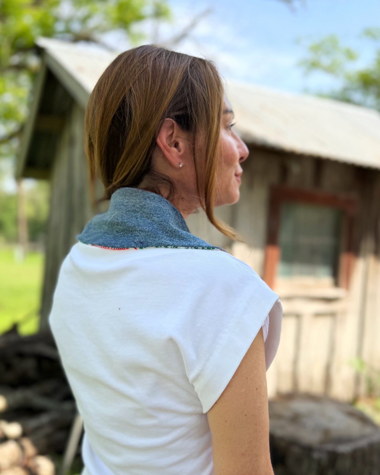 THE MAGGIE | Reversible Antique Quilt Collar - Cross Stitch & Denim