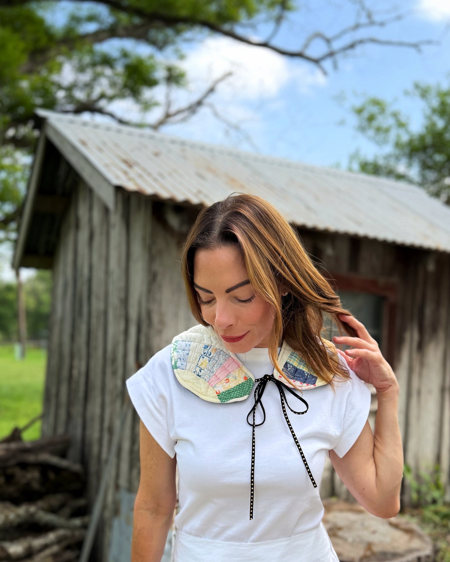 THE MAGGIE | Reversible Antique Quilt Collar - Pastel Patchwork & Denim