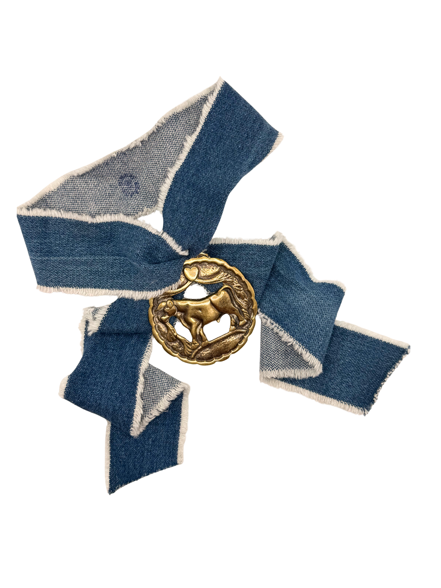 Bull in Profile Vintage Horse Brass Medallion + Denim Twilly