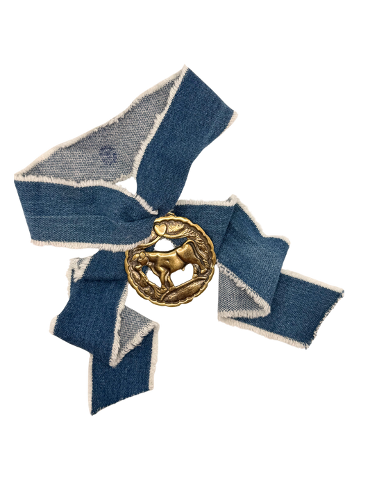 Bull in Profile Vintage Horse Brass Medallion + Denim Twilly