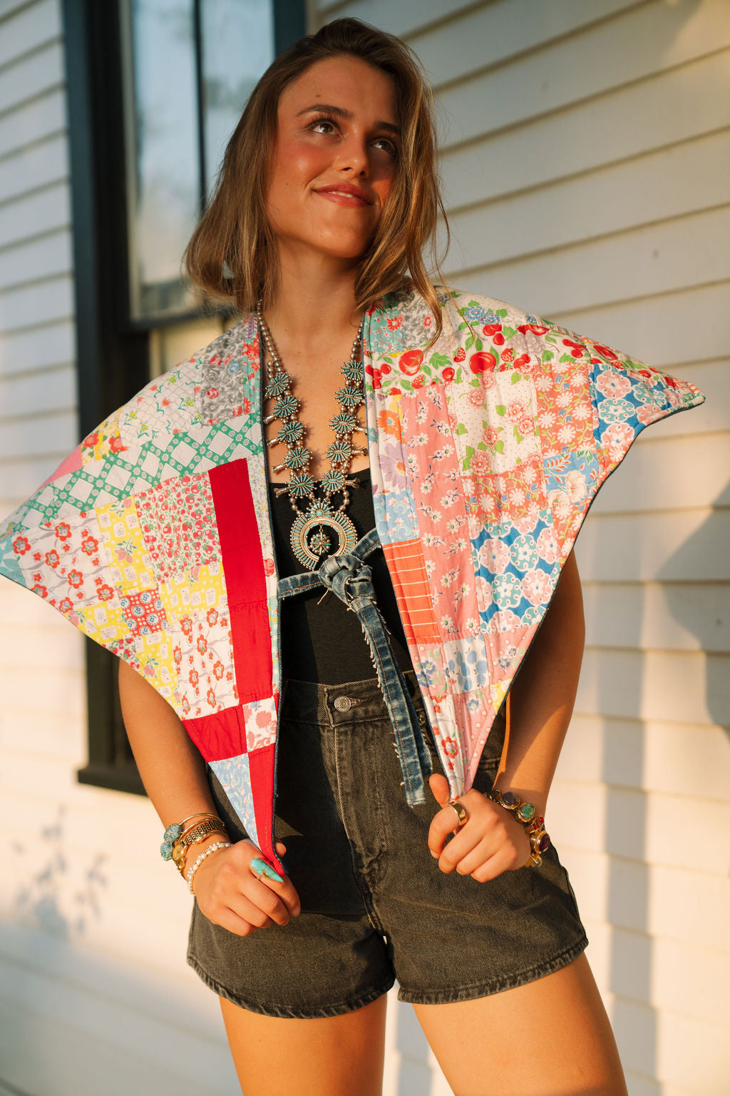 THE ROSA MARIA | Antique Quilt & Denim Reversible Cape | La Feria