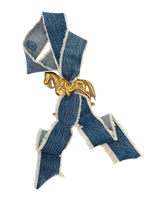 Horse Full Body Profile Vintage Horse Brass Medallion + Denim Twilly