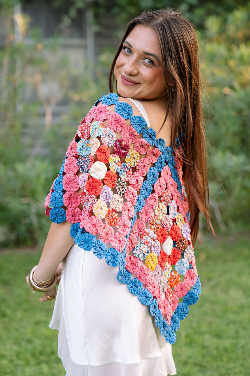 THE ROSA MARIA | Yo-Yo Rosette Cape | Cobalt & Rose