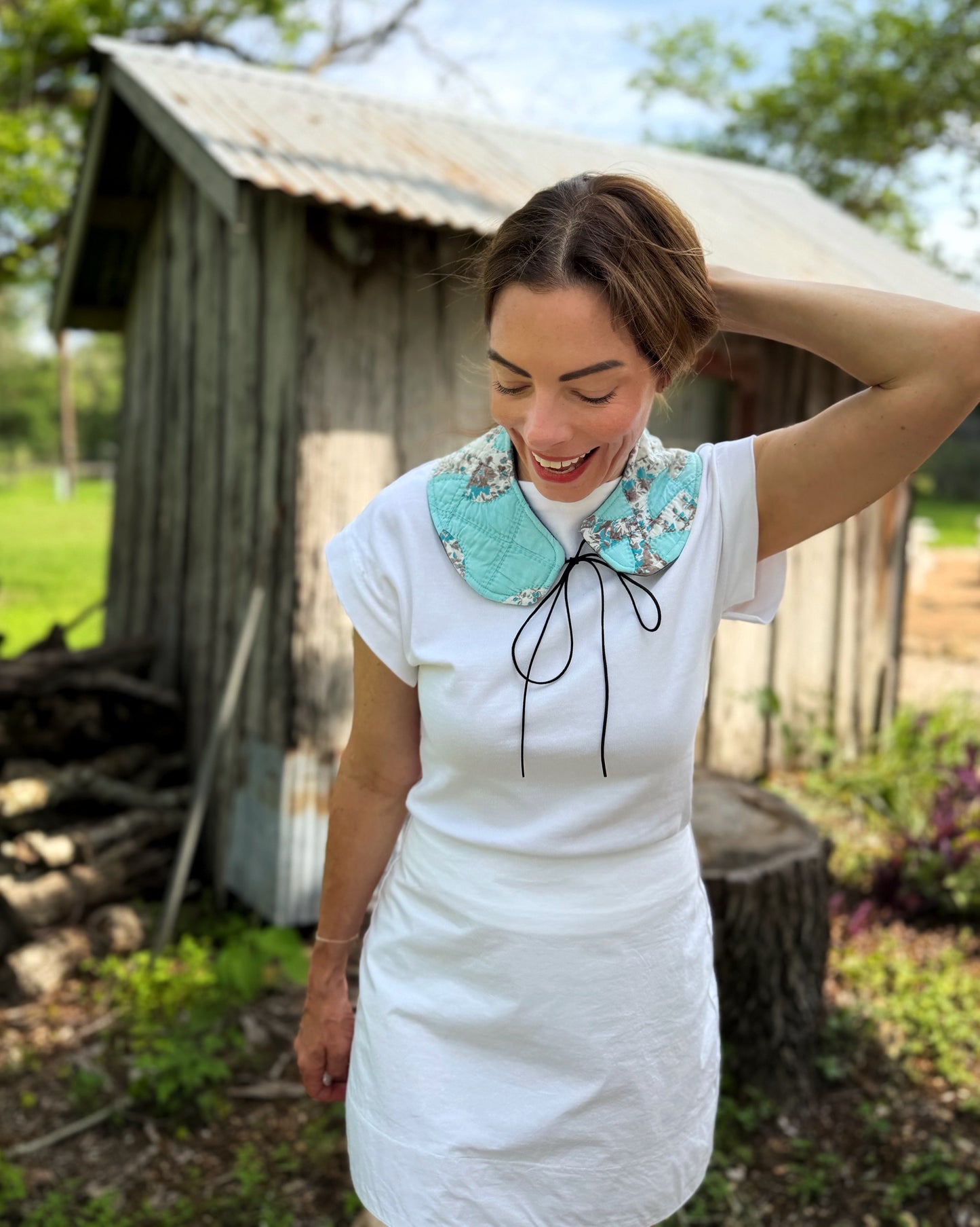 THE MAGGIE | Reversible Antique Quilt Collar - Turquoise & Denim