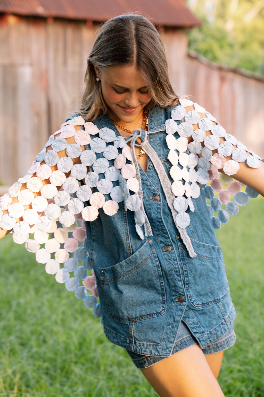 THE ROSA MARIA | Yo-Yo Rosette Cape | Powder Blue & Rosé