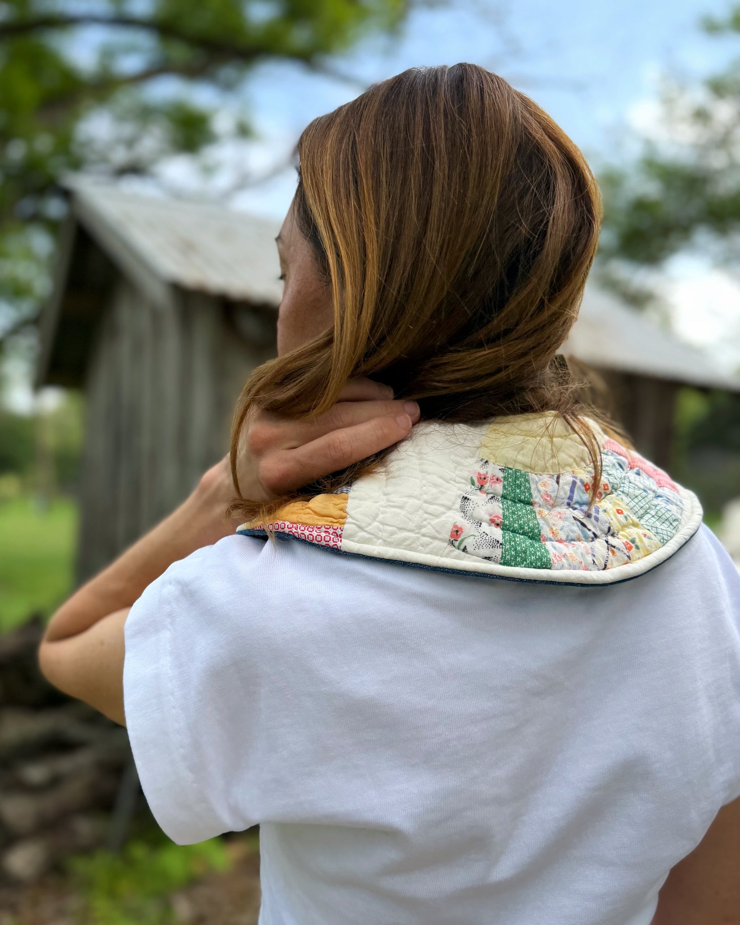 THE MAGGIE | Reversible Antique Quilt Collar - Pastel Patchwork & Denim