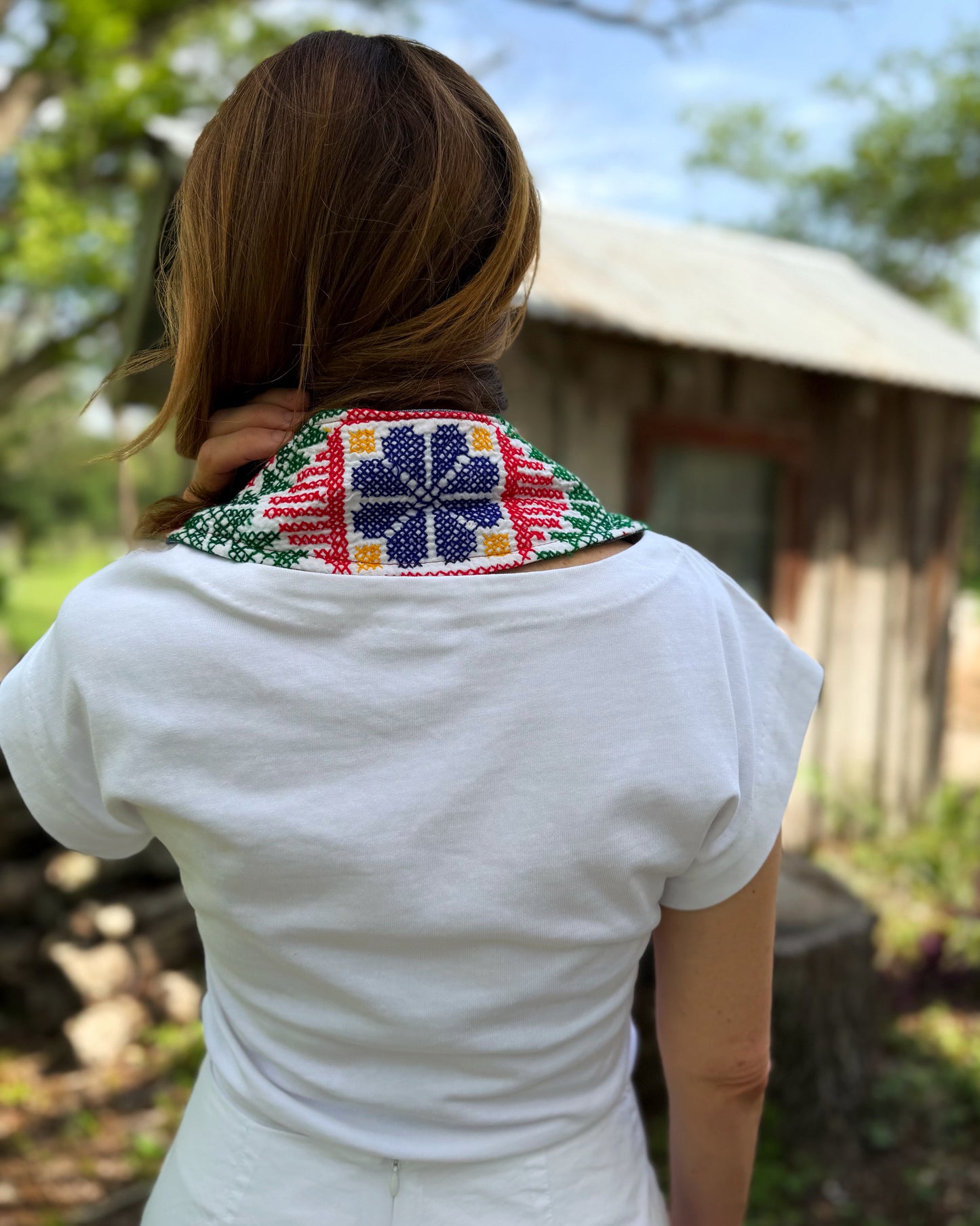 THE MAGGIE | Reversible Antique Quilt Collar - Cross Stitch & Denim