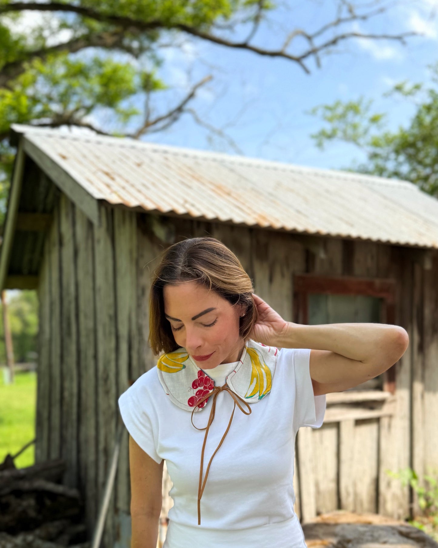 THE MAGGIE | Reversible Vintage Fruit Print Collar - Table Linen & Denim