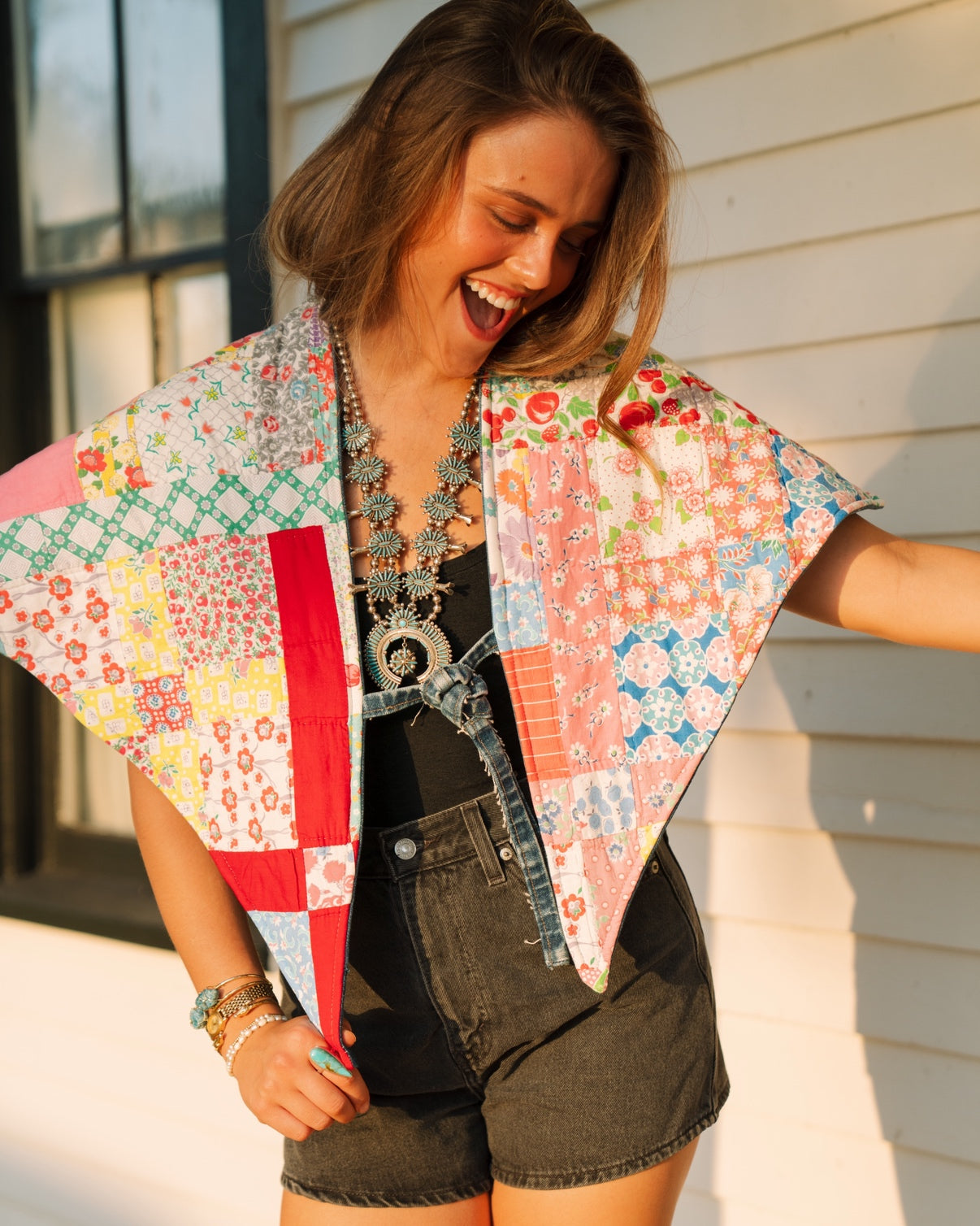 THE ROSA MARIA | Antique Quilt & Denim Reversible Cape | La Feria