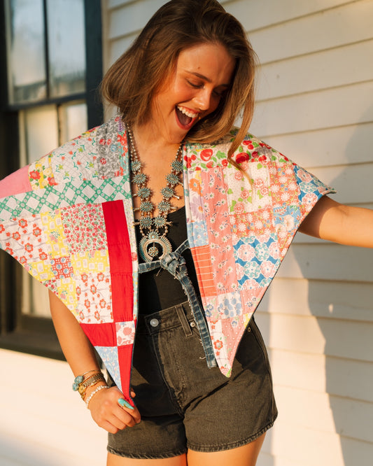THE ROSA MARIA | Antique Quilt & Denim Reversible Cape | La Feria