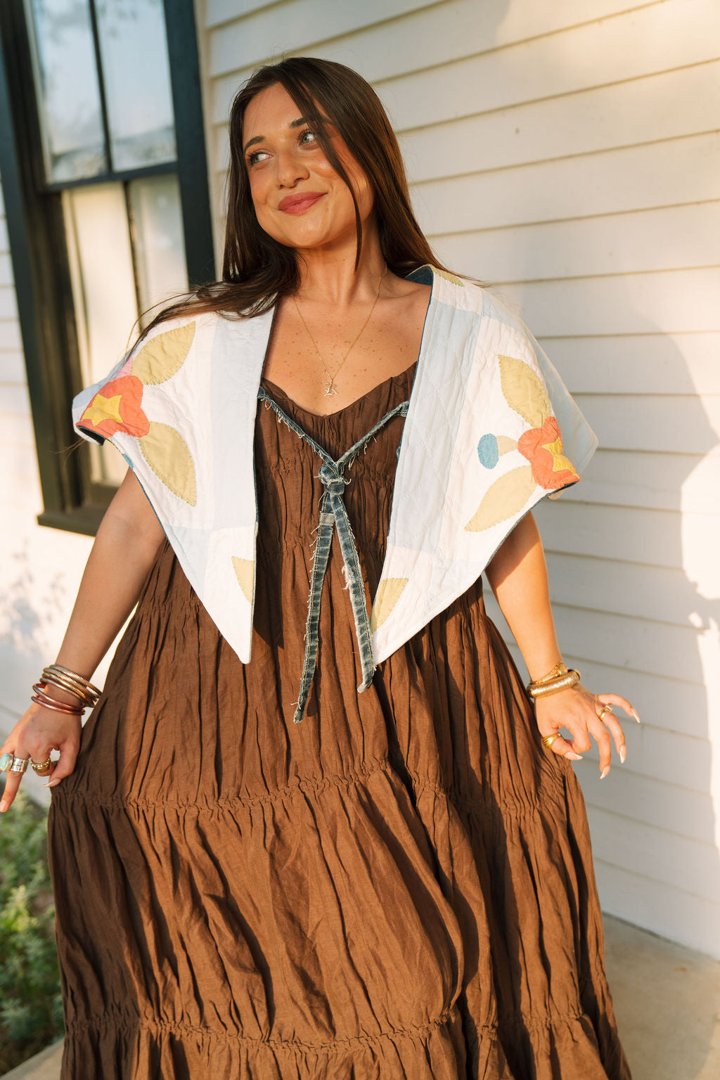 THE ROSA MARIA | Antique Quilt & Denim Reversible Cape | Petite Posy