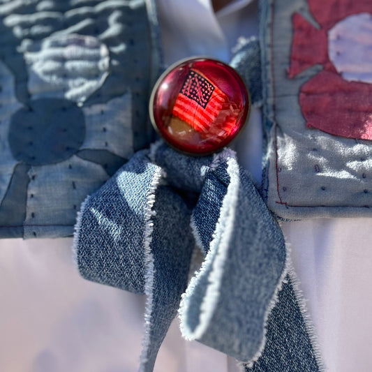 Antique Glass Domed Bridle Rosette + Denim Twilly - American Flag