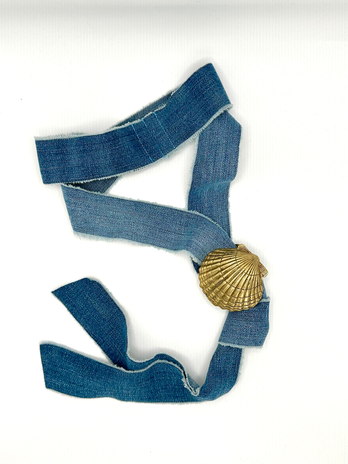 1970s Brass Shell Buckle + Denim Cigarette Scarf