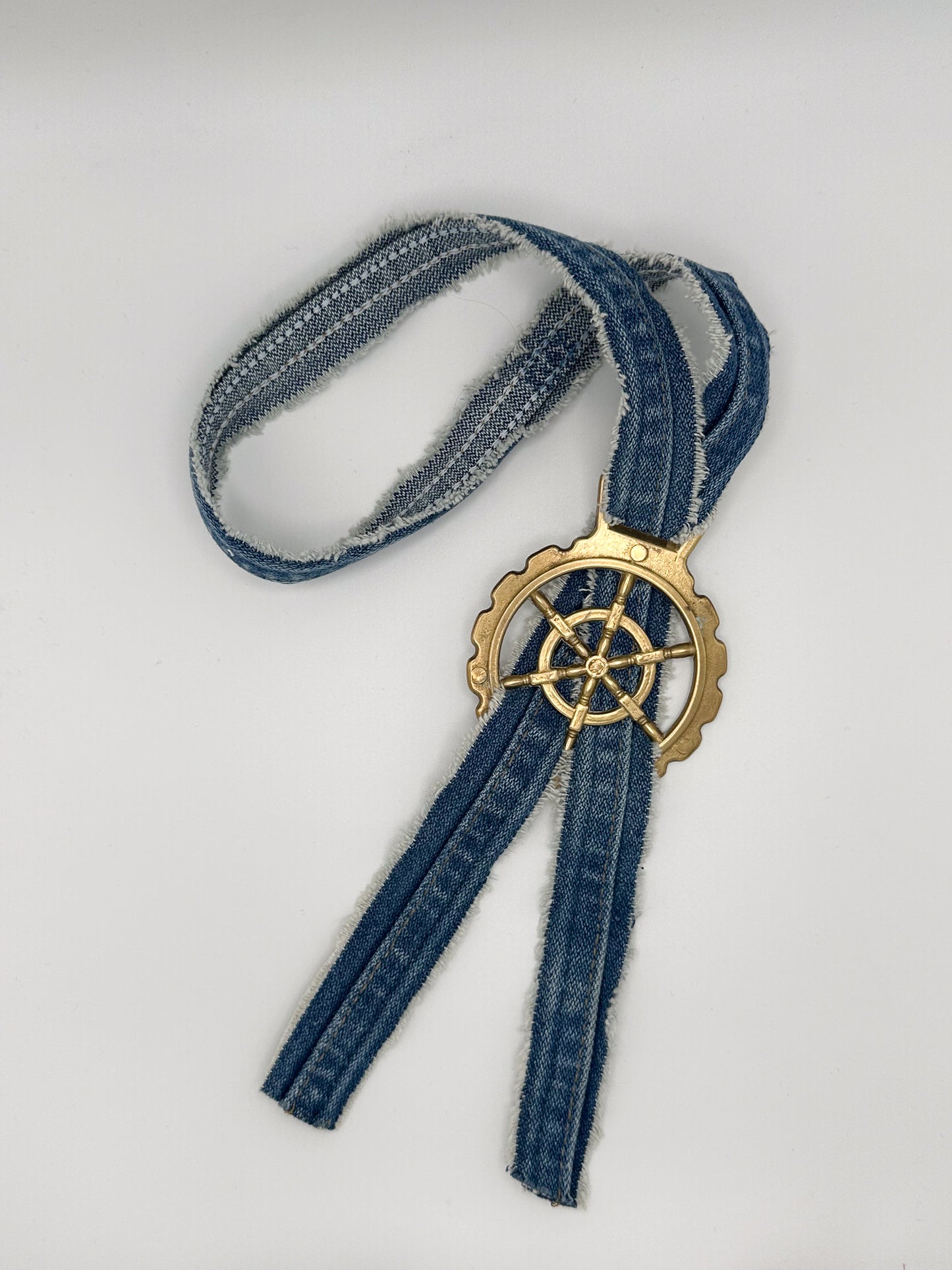 Captain's Wheel Vintage Horse Brass Medallion + Denim Twilly
