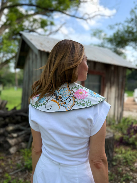 THE MAGGIE | Reversible Embroidered  Butterfly Collar - Linen & Denim