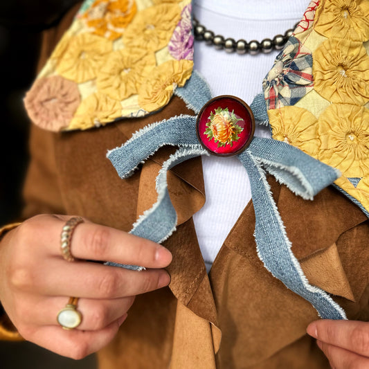 Antique Glass Domed Bridle Rosette + Denim Twilly - Chrysanthemum