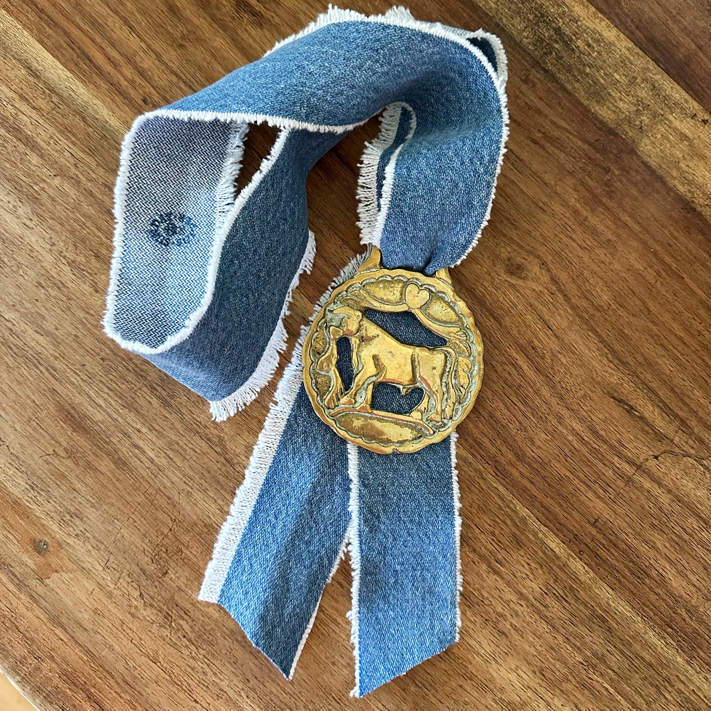 Longhorn Horse Brass Medallion + Denim Twilly