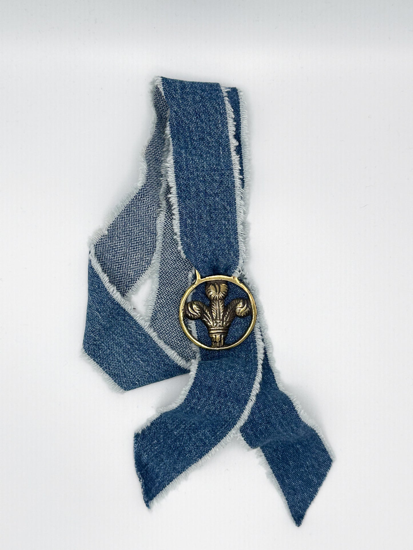 Prince of Wales Feathers Vintage Pony Brass Medallion + Denim Twilly