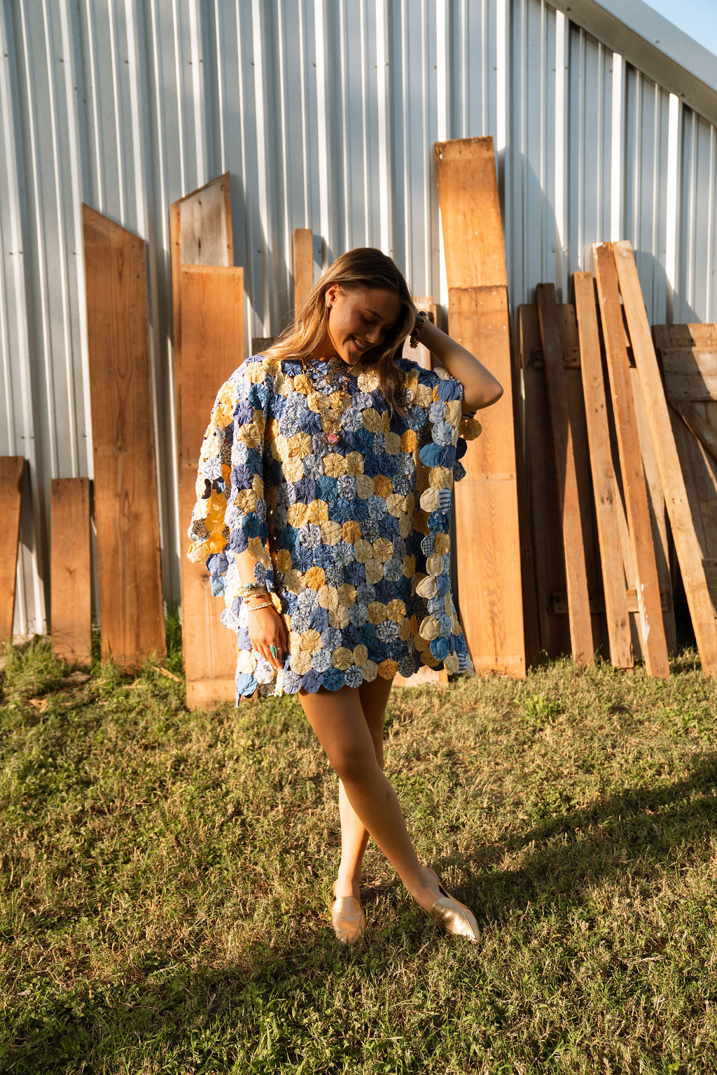 THE LIZZIE | Yo-Yo Rosette Mini Caftan | Cornflower & Butter