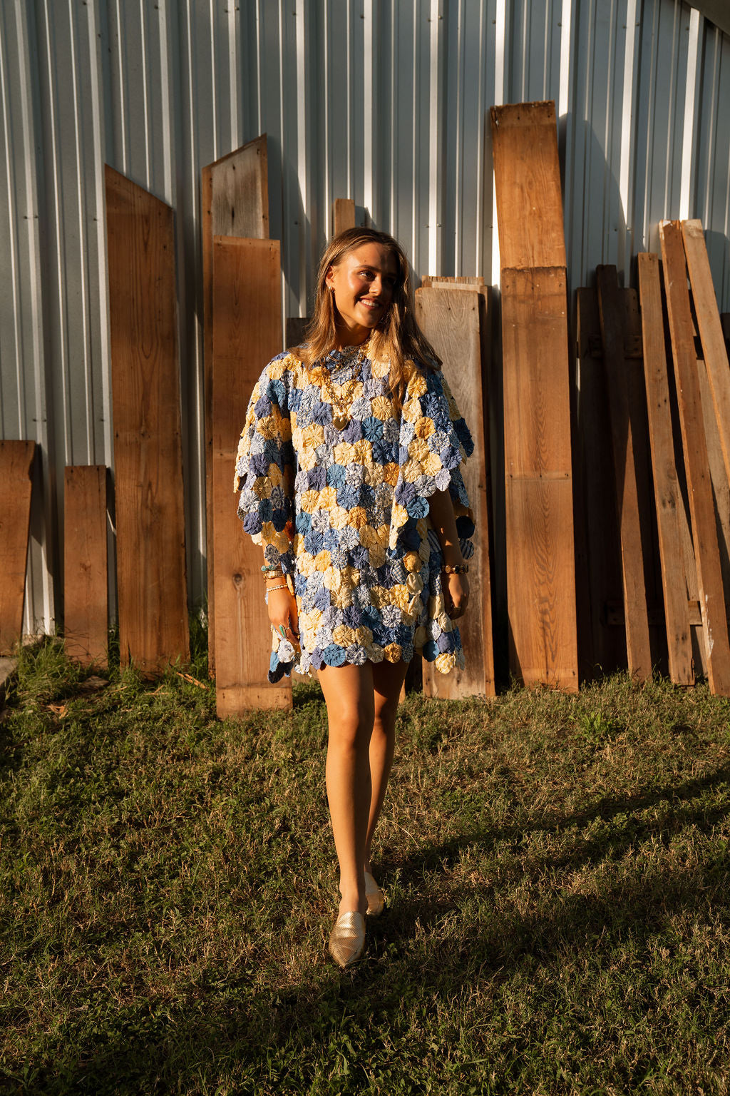 THE LIZZIE | Yo-Yo Rosette Mini Caftan | Cornflower & Butter