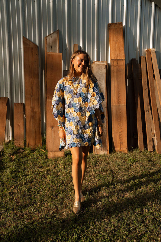 THE LIZZIE | Yo-Yo Rosette Mini Caftan | Cornflower & Butter