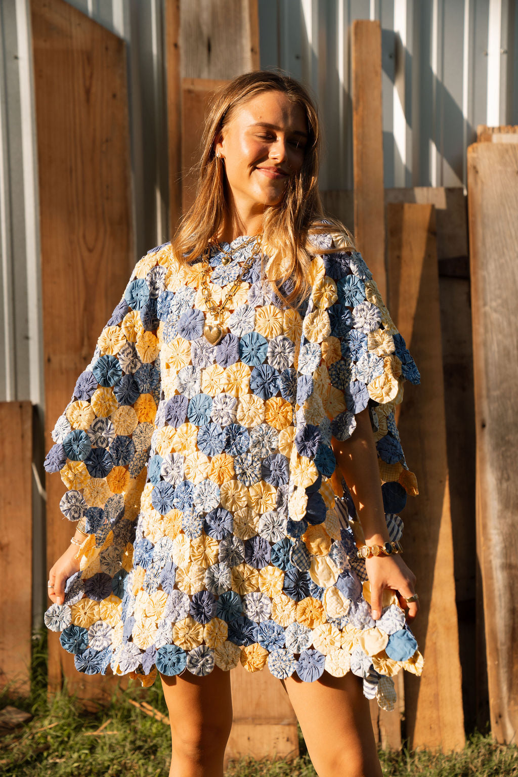 THE LIZZIE | Yo-Yo Rosette Mini Caftan | Cornflower & Butter